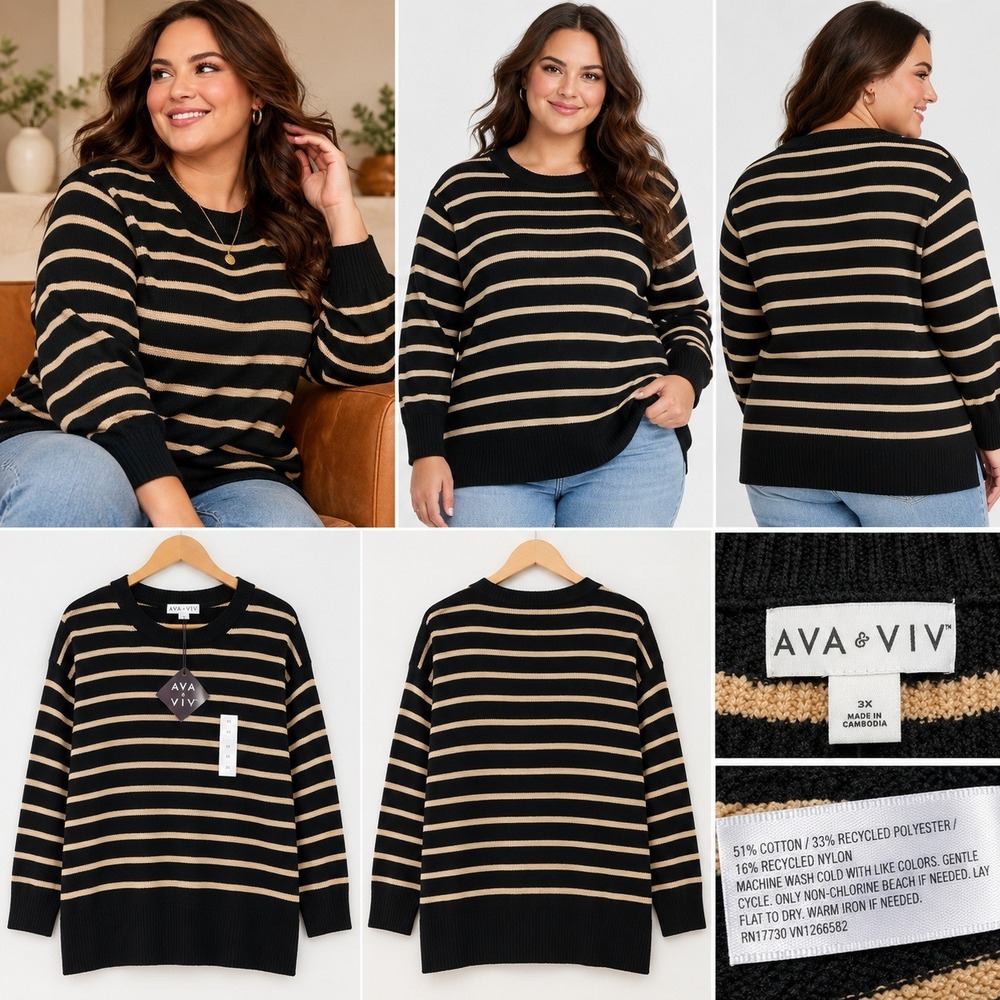 NWT Ava & Viv 3X Black Tan Striped Crewneck Pullover Sweater Plus Size